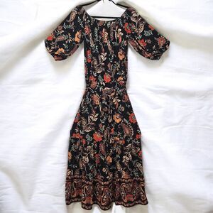 Boston Proper Boho Floral Paisley Midi Dress Small Puff Sleeve Black Cottagecore